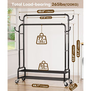 Enogets Heavy Duty Double Rod Garment Rack with Shelves and 360 Swivel Locking Wheels, Black Steel, 44 in x 16.5 in x 61 in