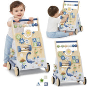 OROLIVING Wooden Baby Push Walker with Multicolor Activity Center, Toddler Learning to Walk and Sit-to-Stand Toy for 1 Year Old