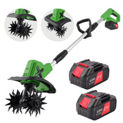 HUSGW 21V Cordless Tiller Cultivator, 9In Clearing Width, 6In Cutting Depth, 4 Steel Tines, Includes 2 4.0Ah Batteries and Charger
