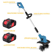 HUSGW 21V Cordless Tiller Cultivator, 9In Clearing Width, 6In Cutting Depth, 4 Steel Tines, Lightweight Handheld Garden Tool