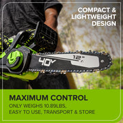 Greenworks 40V Cordless Chainsaw, 12-Inch Bar, 2.0Ah Battery and Charger, Low Kickback Safety Chain, Lightweight