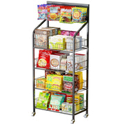 IAJXWI 20-0660-1 Storage Shelf with Wheels, Black Metal 4-Tier Retail Display Rack for Snack Candy