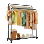 Sakugi Clothes Rack Double-Rod Garment Rack with Hooks and Mesh Shelf Black X-Large 47.2 in x 16.9 in x 58.5 in 17564863708