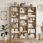 Homfa Triple Row 6-Tier Bookshelf, 74 in Tall, 17 Open Display Shelves, Large Bookcase, Light Oak