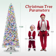 Firstness 7.5ft Pre-Lit Snow Flocked Artificial Pencil Christmas Tree with 400 Multicolor LED Lights, Hinged Branches, Sturdy Metal Stand