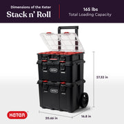 Keter Stack-n-Roll 3 Piece Resin Modular Toolbox System with Rolling Cart and Small Parts Organizer, Black, 259676