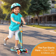 Dribbl 3-Wheel Kids Scooter with Seat, Motion-Activated LED Wheels, Adjustable Handlebar, Wide Anti-Slip Deck, Rear Foot Brake, Aqua Orange, Ages 2+, DBSETKS77