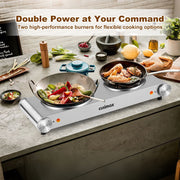 Cusimax Electric Hot Plate Double Burner, 1800W, Stainless Steel, Cast Iron Cooktop, Silver, CMHP-B201S