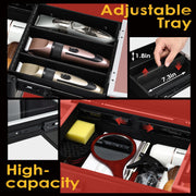 Velore Professional Barber Case, Aluminum Construction, Large Black Organizer with 6 Clipper Slots, Sliding Trays, Double Padlock, PU Leather Handle