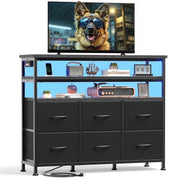 EDX 6-Drawer Fabric Dresser with Power Outlets and LED Light, TV stand for Bedroom, Living Room, Hallway, Black