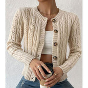 Alsol Lamesa YS12272 Women's Cable Knit Cardigan Sweater, Crew Neck, Button Down, Long Sleeve, Loose Fit, M, Apricot