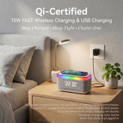 Volivo RGB 5.3 Bluetooth Speaker with Digital Alarm Clock, 15W Qi Wireless Charging, FM Radio, White Noise Sound Machine, 12-Mode RGB Ambient Lights, GF1002