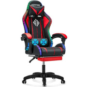 HOFFREE Gaming Chair with Massage PU Leather Office Chair with Footrest and LED Light, Red