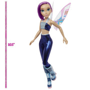 Playmates Toys Winx Club Tecna Fairy Doll, 10.5 in, Glitter Purple Outfit, Removable Digital Wings, Stylable Hair, 57816