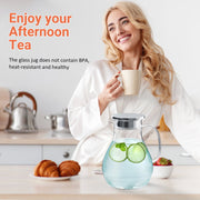 TINANA Glass Water Pitcher with Lid, 50oz Heat-Resistant Borosilicate Glass Drink Pitcher, Wide Mouth, Clear, Removable Stainless Steel Strainer WGS-7