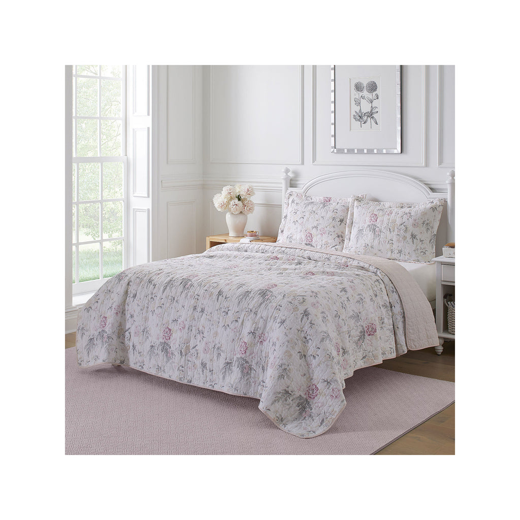 Laura Ashley Breezy Floral Reversible Quilt Set Pink Grey VIPOutlet