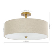 Safavieh Jolana 3-Light Flush Mount Ceiling Light, Gold Painted Iron Frame, Oatmeal Cotton Fabric Shade, 20 in, FLU4069A