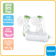 MAM 2-in-1 Double Electric Breast Pump, Dual Electric and Manual Modes, Leak-Proof Closed System, Soft Silicone Funnels, Portable Design, Includes 2 Anti-Colic Bottles, Green