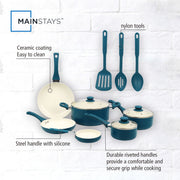 Mainstays 12-Piece Ceramic Nonstick Cookware Set, Aluminum Pots and Pans, Corsair Blue