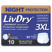 LivDry 3XL Overnight Adult Diapers, Max Absorbency Incontinence Underwear, Latex-Free, XXX-Large, 10-Pack, LIV068S