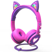 FosPower Kid Headset with LED Light Up Cat Ears, On Ear, Kid-Safe 85dB Volume, Padded Cushions, Laced Tangle-Free Cable, White