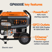 Generac GP6500 Portable Gas Generator, 8125 Starting Watts, 6500 Running Watts, PowerRush Technology, COsense Carbon Monoxide Detection, 10.5 Hour Runtime, Heavy Duty Steel Frame, Orange and Black, 76802