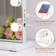 Fenchilin Vanity Mirror with 18 LED Lights, Adjustable Brightness, USB Charging, 32 x 23 in White Metal, Tabletop and Wall Mount, 5846