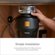 Moen Chef Series 1 HP Garbage Disposal with VORTEX Motor, SoundSHIELD Noise Reduction, Black Finish, Power Cord Included, EX100C