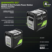 Greenworks 2976402 60V Portable Power Station, 2000W Pure Sine Wave Inverter, 4 Battery Slots, USB-C and USB-A Ports, Bluetooth Connectivity, LED Light, Fast Charger