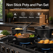 NULAS 21 Piece Cookware Set, Nonstick Ceramic Coating, Stackable with Detachable Handle, Oven Safe, Dishwasher Safe, Black, W-PPS-B