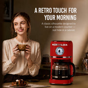 Nostalgia Classic Retro Coffee Maker, 10-Cup Capacity, One-Button Brewing, Reusable Filter, Anti-Drip Pause, Auto Shutoff, Time Display, Red NCRCOF10RD6A