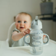 Dr. Brown's Milestones Wide-Neck Sippy Straw Bottle with Silicone Handles, Gray and Blue, 9oz, 2-Pack