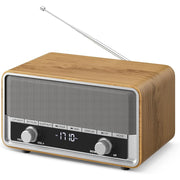Audiocrazy Retro AM FM Clock Radio with Bluetooth 5.0, Digital LED Display, Sleep Timer, 40 Preset Stations, Brown Wooden Tabletop