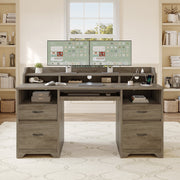 Bestier Farmhouse Executive Desk, 59 in Wood Computer Desk with Charging Station, Keyboard Tray, Monitor Stand, File Cabinet, Gray, H106715SUS-GRYW