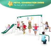 YuAnWe Swing Set for Backyard with Slide, Belt Swings, Seesaw, Trapeze and Glider, Green