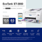 Epson C11CJ61201 EcoTank ET-3850 Wireless Color All-in-One Cartridge-Free Supertank Printer with Scanner