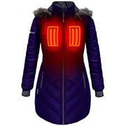 ActionHeat Women's 5V Battery Heated Long Puffer Jacket with Faux-Fur Hood, Indigo, Large, AH-EVGV-7V-M-B-M