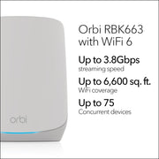 NETGEAR Orbi 660 Series AX3800 Tri-Band Mesh Wi-Fi 6 System, Whole Home Coverage Up to 6,600 Sq. Ft., 3-Pack, White, RBK663-100NAS