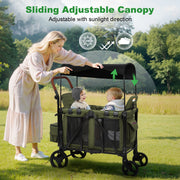 Vomeast Wagon Stroller 3-in-1 for 2 Kids with Adjustable 5-Point Harness, Shock-Absorbing Suspension, Canopy, Green