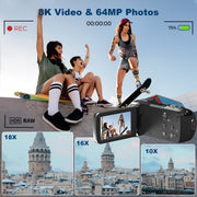 Saneen A06-2-White Video Camera 8k 64MP WiFi IR Night Vision Camcorder, Black