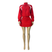 MUYRDIS Women Zip-Up Jacket and Drawstring Mini Skirt Set, Casual Sporty Two-Piece Outfit, Red, S-XL