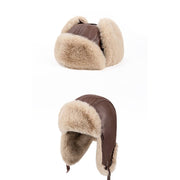 CassandraHayley Winter Leather Trapper Hat, Thick Fleece Lined Earflap Cap, Windproof Thermal Aviator Hat, Warm Fur Bomber Cap