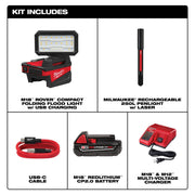 Milwaukee 2359-21PEN M18 ROVER Compact Folding Flood Light Kit, 1000 Lumens TRUEVIEW Output, Dual USB Charging Ports