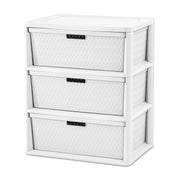 Sterilite Wide 3 Drawer Tower Storage Cart with Removable Decorative Bins, White, 4430-80