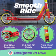 Skidee X3M Kick Scooter, Adjustable Handlebar Up to 41 in, Dual Suspension, 8-Inch PU Wheels, Foldable Lightweight Aluminum Frame, Red