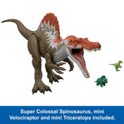 Jurassic World Super Colossal Spinosaurus Dinosaur Figure, 36 in Long, Interactive Stomach Compartment, Includes Mini Velociraptor and Triceratops