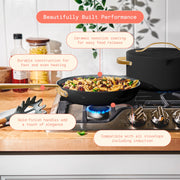 Beautiful by Drew Barrymore 18-Piece EverGood Ceramic Nonstick Cookware Set with Strainer Lids and Utensils, Black Sesame, Gold Handles, Oven Safe 29333