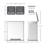 Qualiazero QZ10040 16 Gallon Dual Compartment Step On Kitchen Trash Can, Stainless Steel