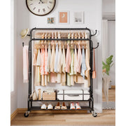 Enogets Heavy Duty Double Rod Garment Rack with Shelves and 360 Swivel Locking Wheels, Black Steel, 44 in x 16.5 in x 61 in