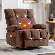 JONPONY Massage Swivel Rocker Recliner Chair with Heated Vibration Massage, Ergonomic Lumbar Support, USB Charge Port, 2 Cup Holders, Side Pocket, Brown
